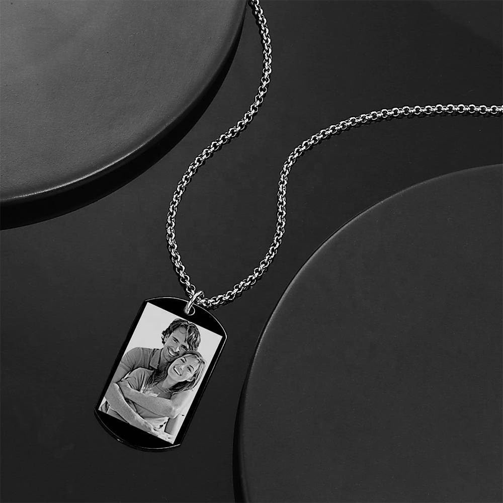 Custom Picture Engraved Words Necklace Personalized Photo Text Engraved Necklace Black Stainless Steel Link Chain Necklace Gift