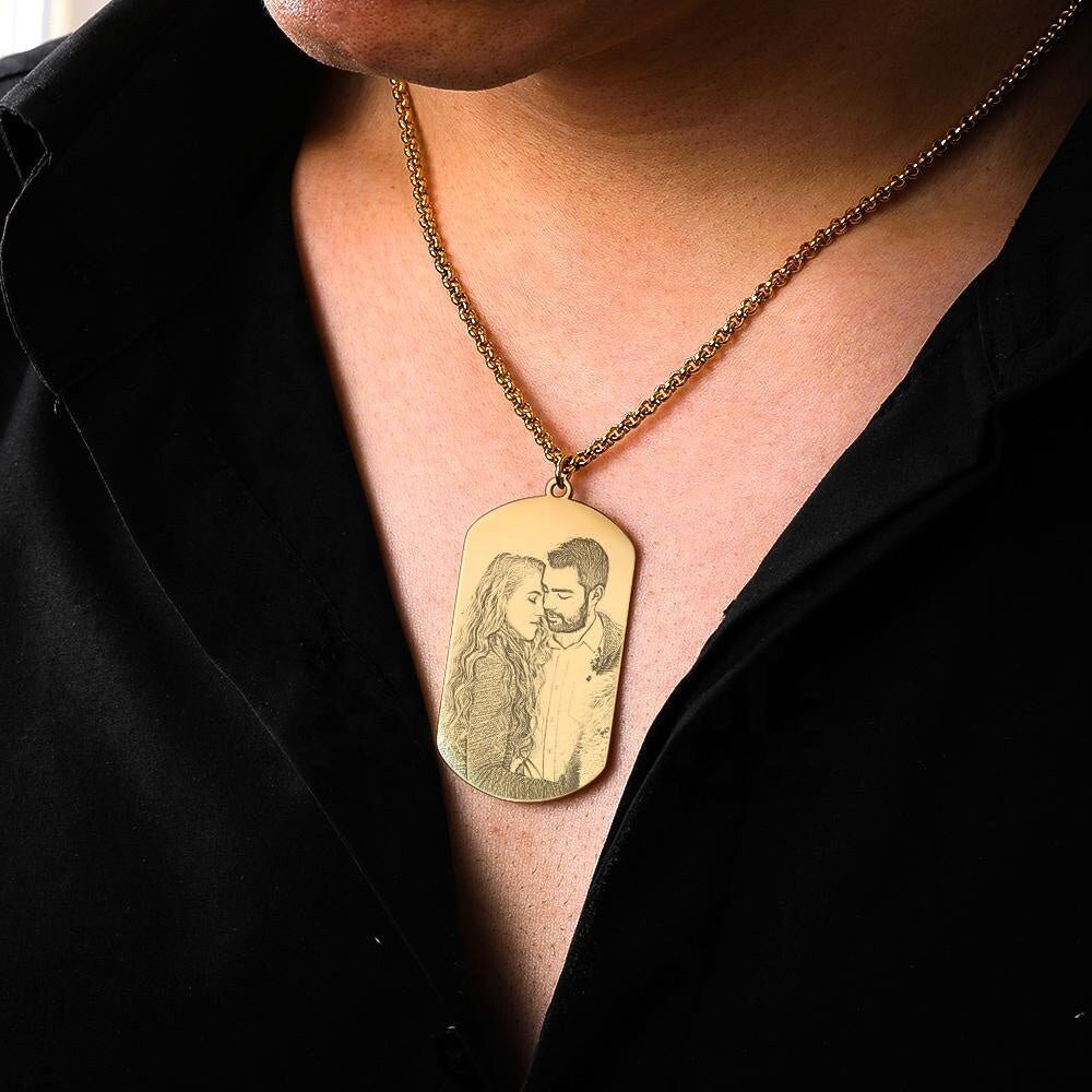 Personalized Photo Text Engraved Necklace Customized Sketch Photo Engraved Pendant Custom Text Message Engrave Link Chain Necklace Gift