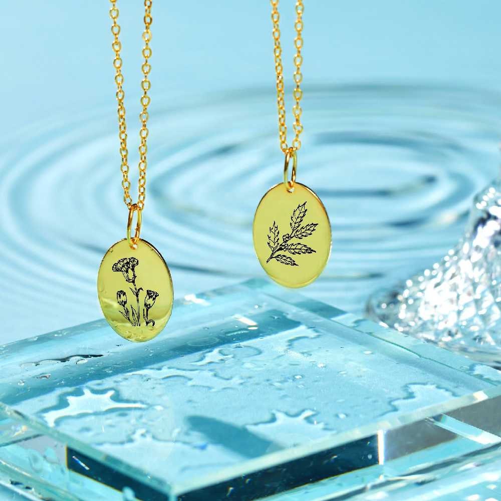 Personalized Birth Flower Medallion Necklace Double Sided Engraved Birth Month Flower Necklace Customized Birth Flower Engraved Necklace