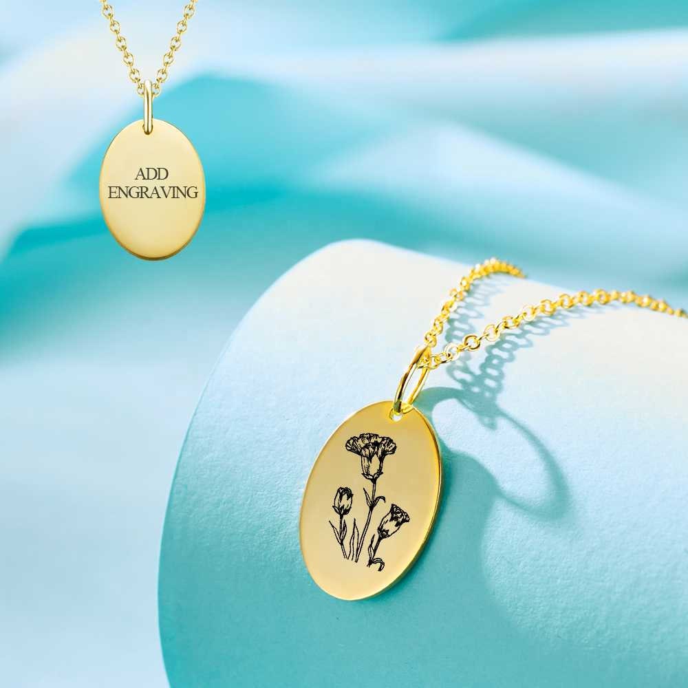 Personalized Birth Flower Medallion Necklace Double Sided Engraved Birth Month Flower Necklace Customized Birth Flower Engraved Necklace