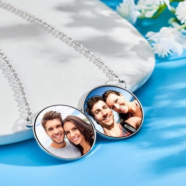 Personalized Picture Link Chain Necklace Custom Logo Double Round Pendant Gift For Women Customized Photo Double Circled Necklace
