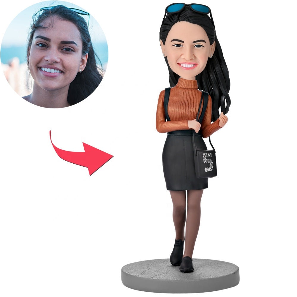 Personalized Face Photo Bobbleheads Gift For Girlfriend Custom Clay Art Bobblehead Girl With A Bag Polymer Clay Doll Figurine Bobbleheads
