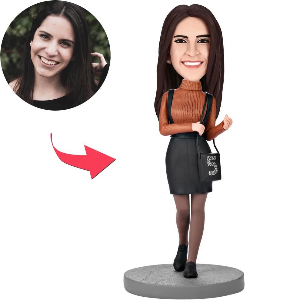 Personalized Face Photo Bobbleheads Gift For Girlfriend Custom Clay Art Bobblehead Girl With A Bag Polymer Clay Doll Figurine Bobbleheads