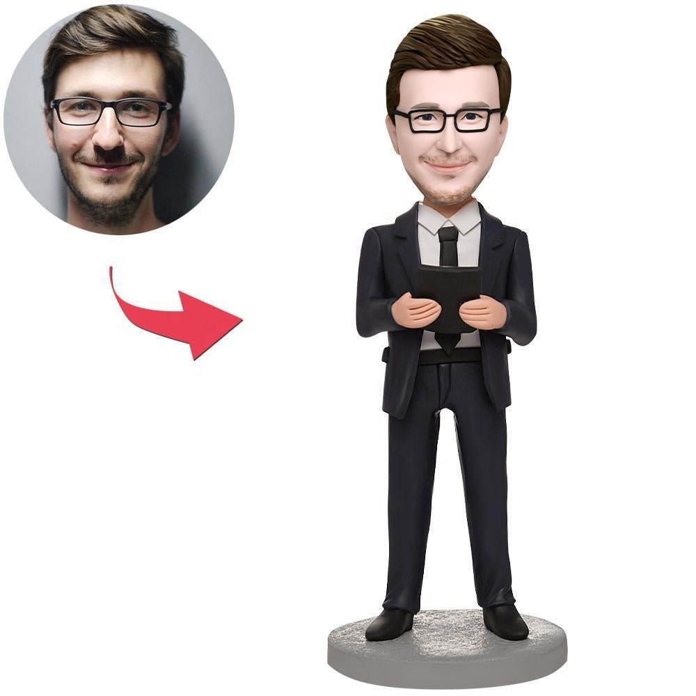Personalized Photo Bobblehead Gift For Men Polymer Clay Doll Figurine Custom Business Man Holding A Notebook Bobblehead With Engraved Text