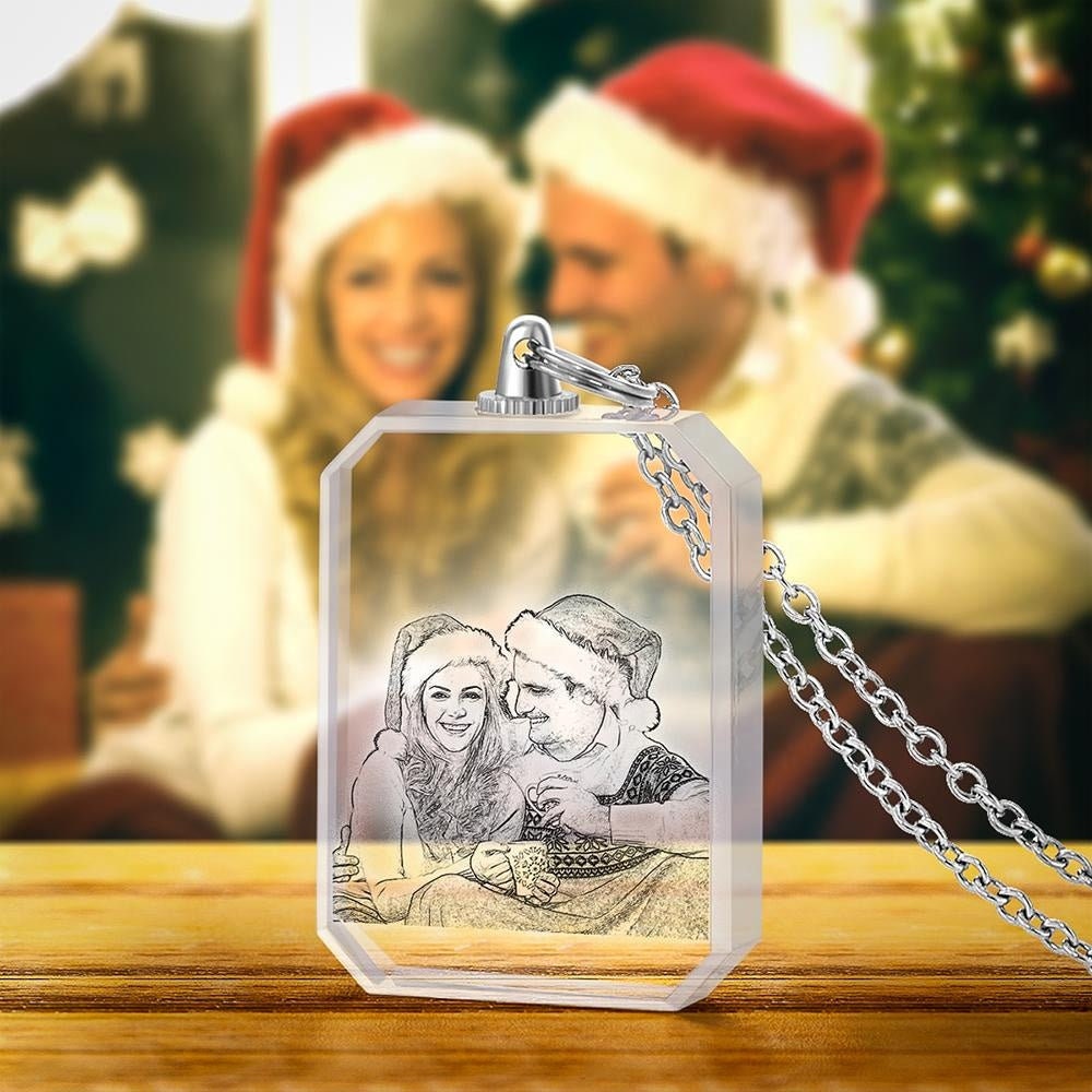 Personalized Photo Engraved Crystal Link Chain Necklace Rectangle Shape Photo Necklaces Laser Crystal Portrait Pendant Gift