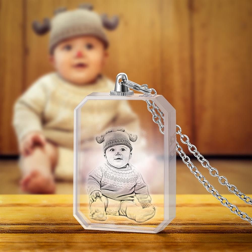 Personalized Photo Engraved Crystal Link Chain Necklace Rectangle Shape Photo Necklaces Laser Crystal Portrait Pendant Gift