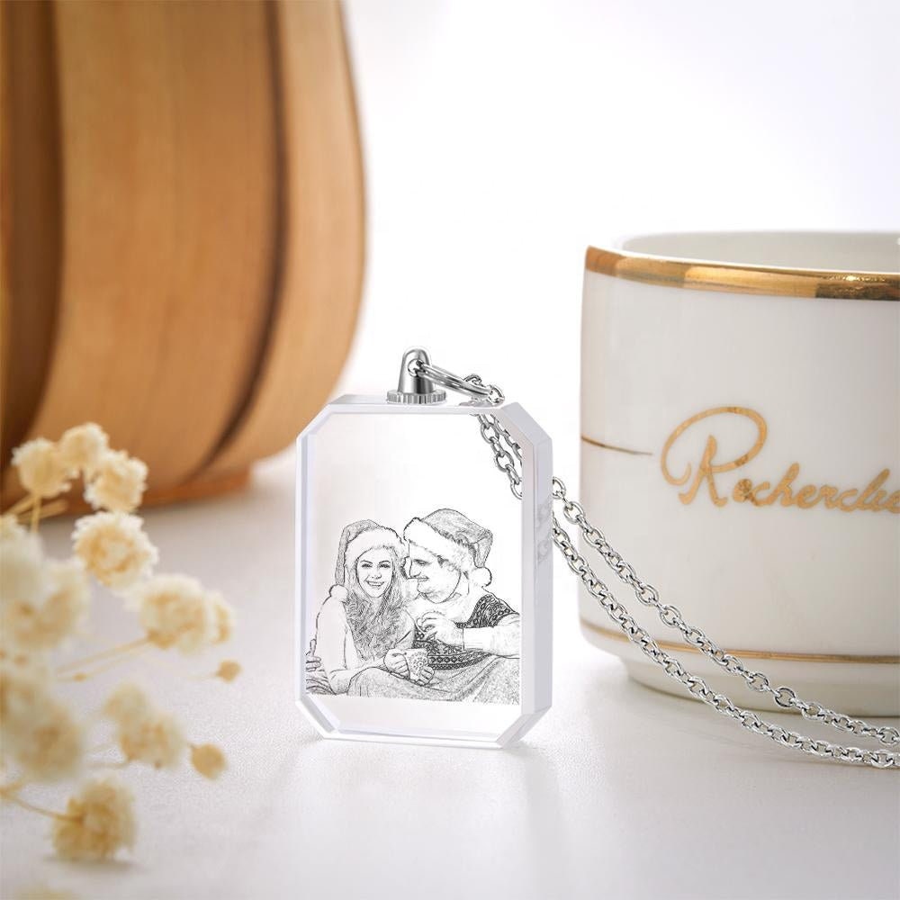 Personalized Photo Engraved Crystal Link Chain Necklace Rectangle Shape Photo Necklaces Laser Crystal Portrait Pendant Gift