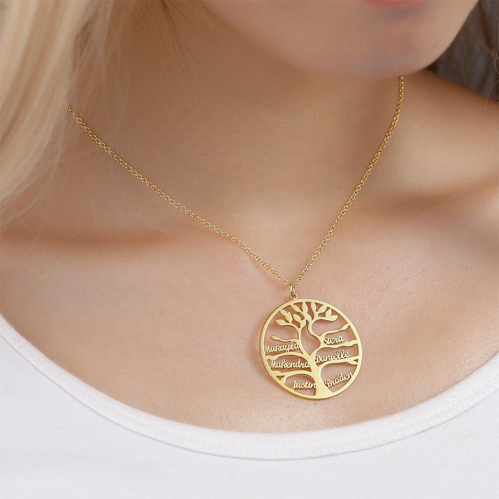 Personalized Name Plates Family Tree Pendant Custom Name Necklace Customized Name Engraved Round Necklace Gift For Women