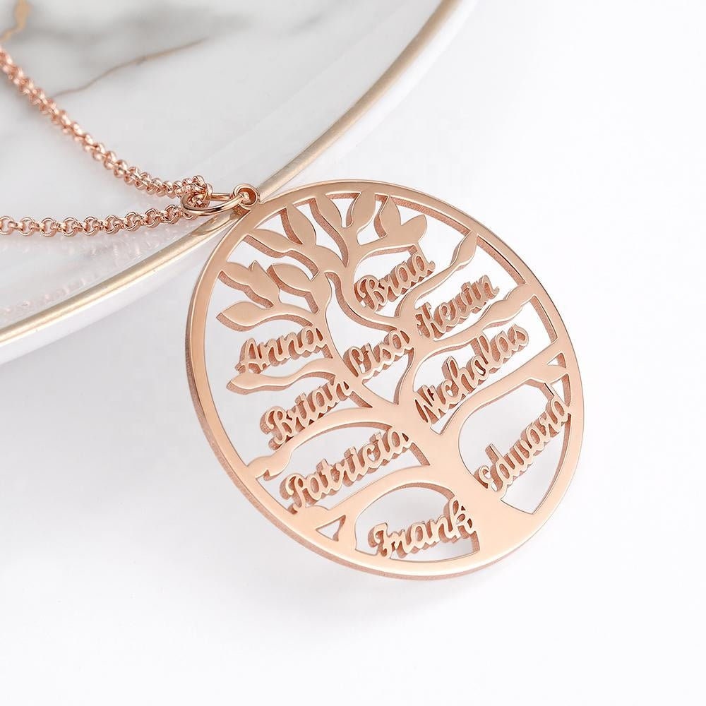 Personalized Name Plates Family Tree Pendant Custom Name Necklace Customized Name Engraved Round Necklace Gift For Women