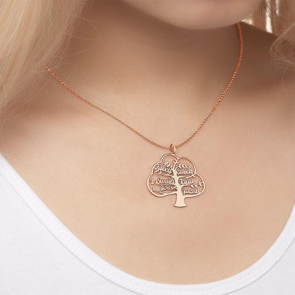 Personalized Name Plated Necklace Gift For Women Custom Names Tree Necklace Tree Names Plated Link Chain Necklace