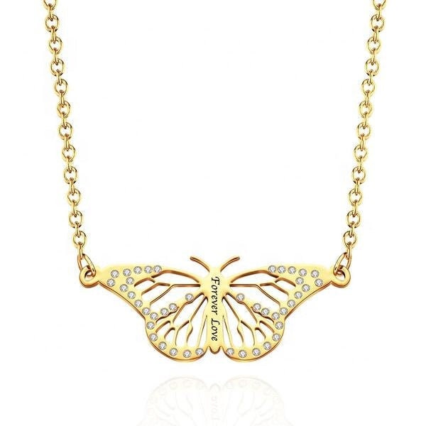 Personalized Text Engraved Rhinestones Butterfly Necklace Custom Engraved Name Butterfly Link Chain Necklace Gift For Women