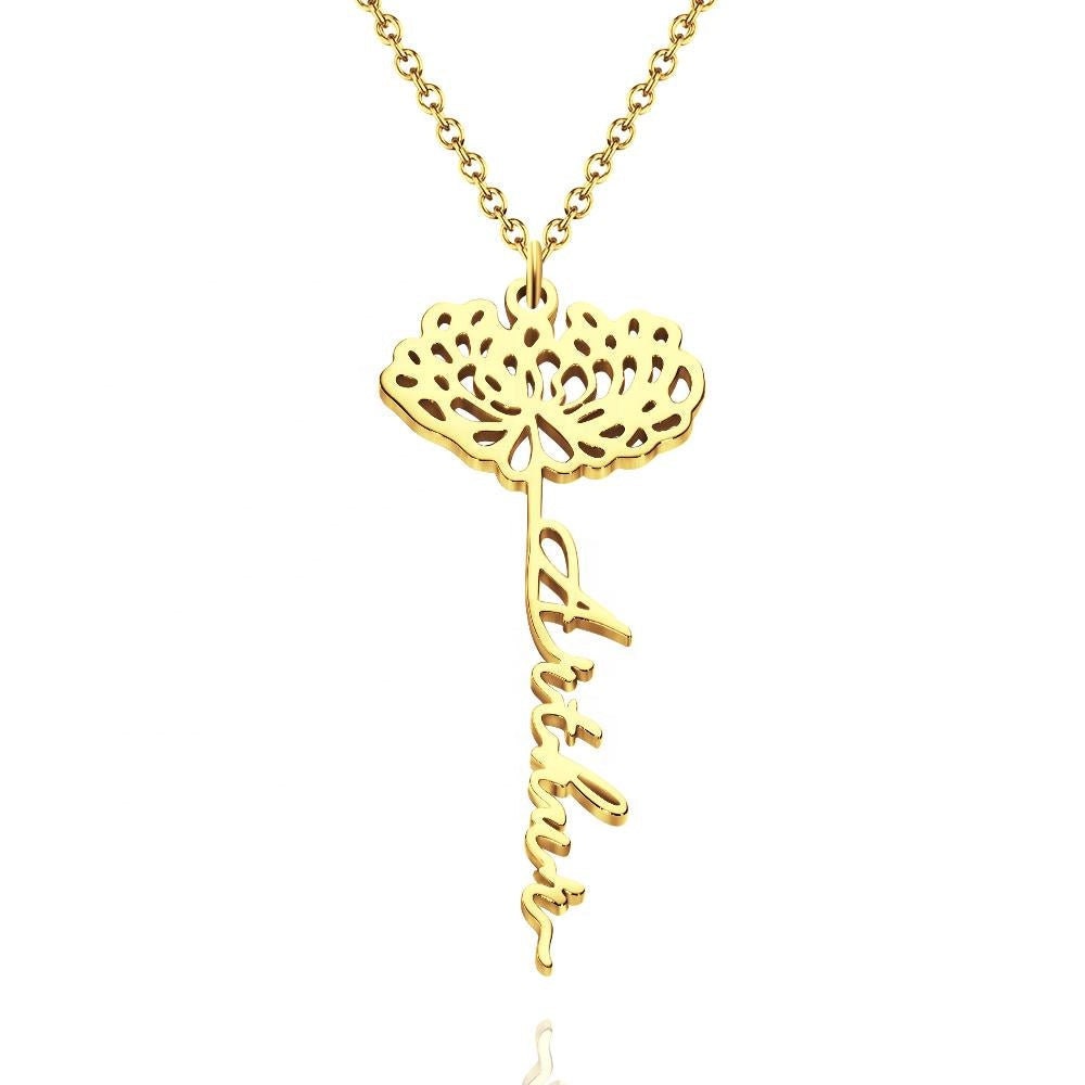 Customizable Name Floral Pendant Necklace Custom Name Necklace With Birth Flower Personalized Name Necklace Gift For Women