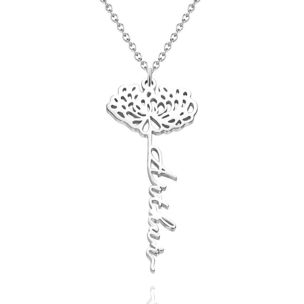 Customizable Name Floral Pendant Necklace Custom Name Necklace With Birth Flower Personalized Name Necklace Gift For Women
