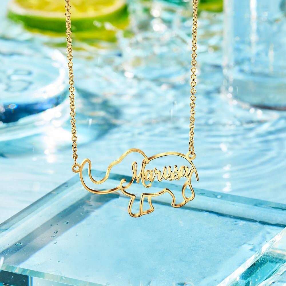Personalized Name Elephant Necklace Custom Name Letters Plated Necklace Customized Name Hollow Elephant Link Chain Necklaces For Women