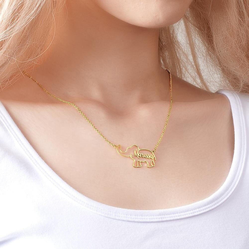Personalized Name Elephant Necklace Custom Name Letters Plated Necklace Customized Name Hollow Elephant Link Chain Necklaces For Women