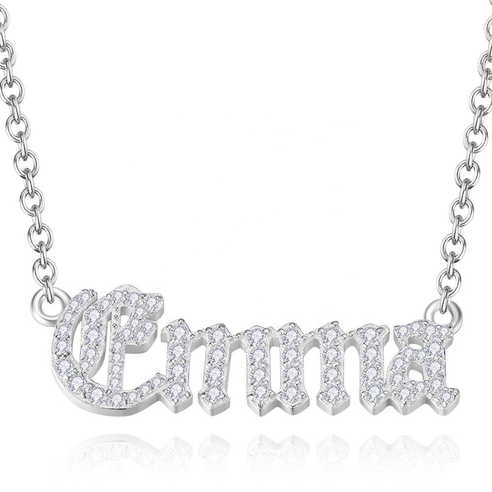 Personalized Name Plate Iced Out Necklace Gift For Women Custom Old English Font Name Link Chain Necklace
