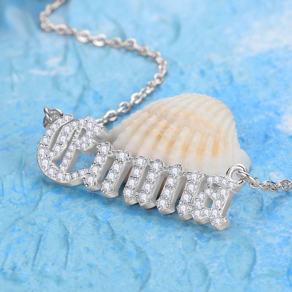 Personalized Name Plate Iced Out Necklace Gift For Women Custom Old English Font Name Link Chain Necklace