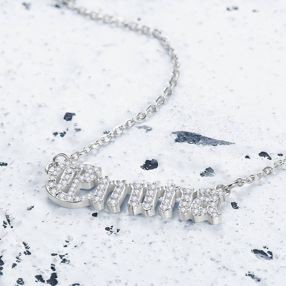 Personalized Name Plate Iced Out Necklace Gift For Women Custom Old English Font Name Link Chain Necklace