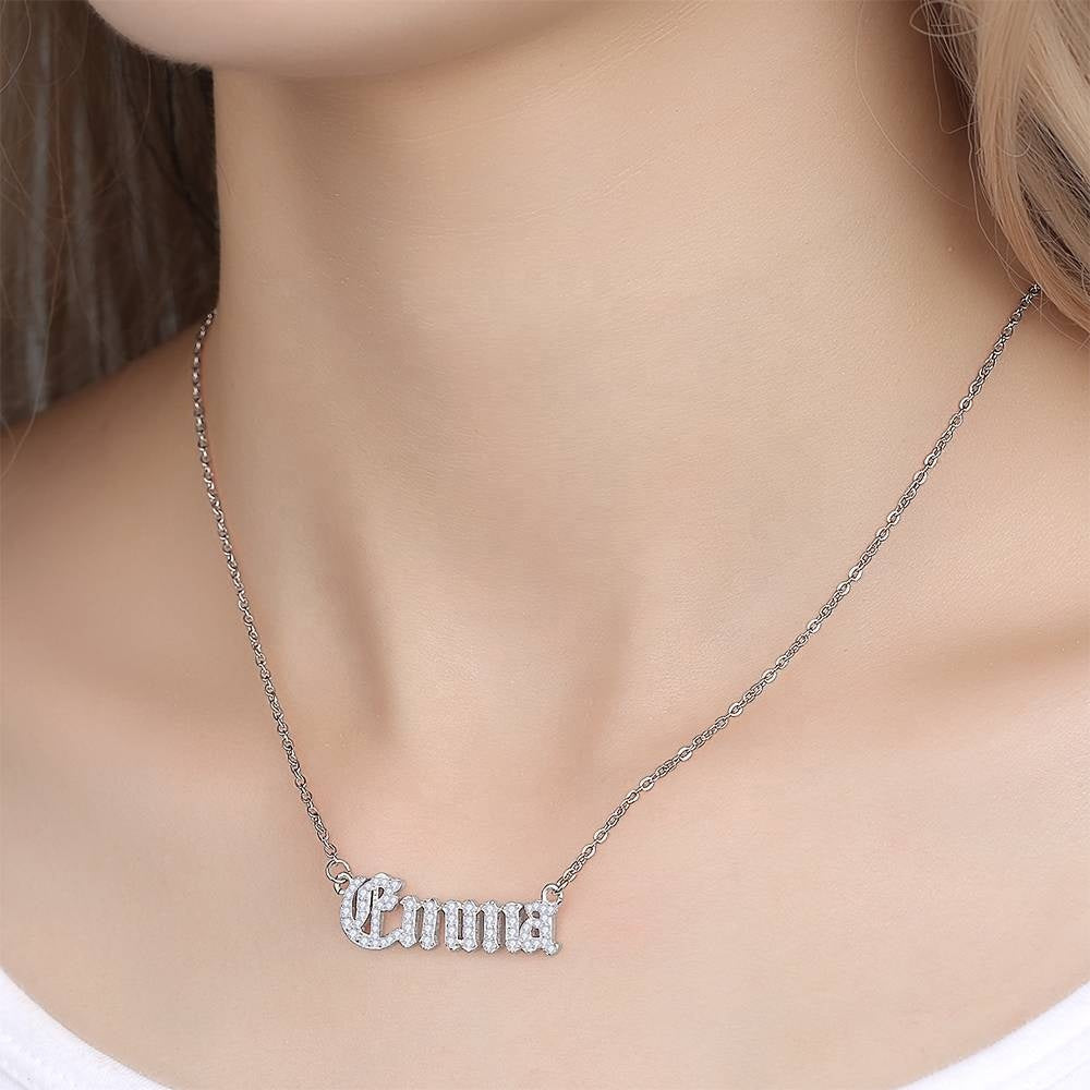 Personalized Name Plate Iced Out Necklace Gift For Women Custom Old English Font Name Link Chain Necklace
