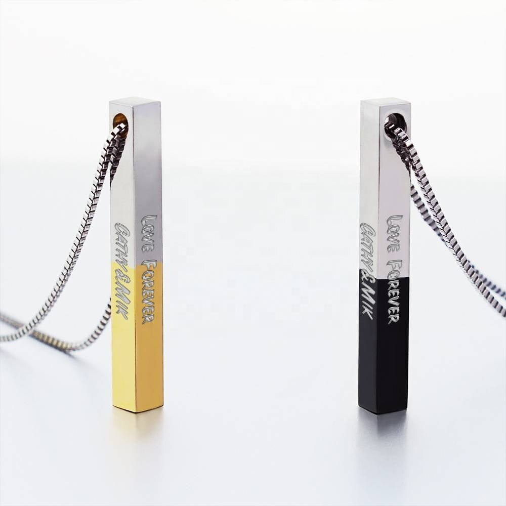 Personalized Text Engraved Bar Necklace Custom Name Engrave Vertical 3D Bar Necklace Gift For Women Men