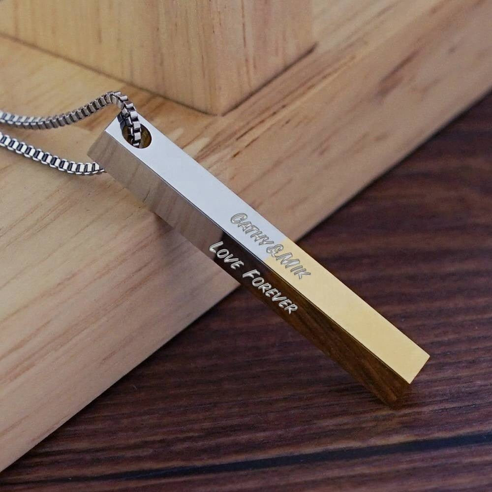 Personalized Text Engraved Bar Necklace Custom Name Engrave Vertical 3D Bar Necklace Gift For Women Men
