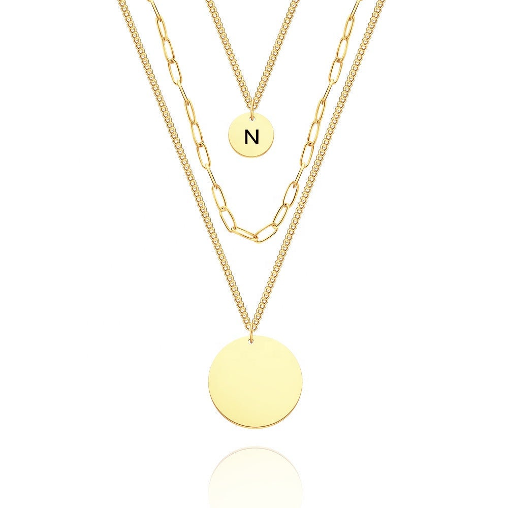 Customized Engraved Letter Multi Layered Round Pendant Necklace Triple Strand Chain Link Personalized Letter Multi Layer Coin Disc Necklace