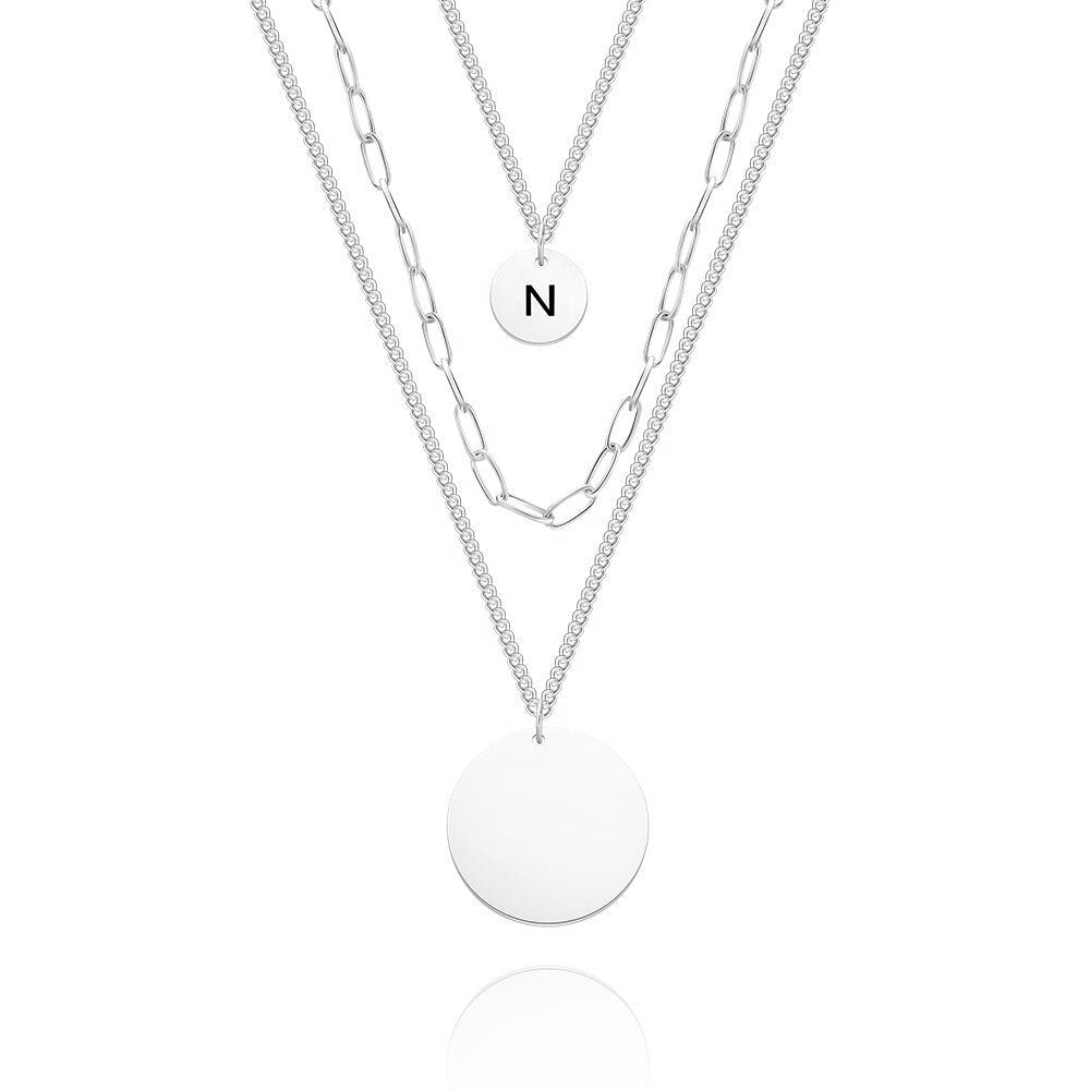Customized Engraved Letter Multi Layered Round Pendant Necklace Triple Strand Chain Link Personalized Letter Multi Layer Coin Disc Necklace