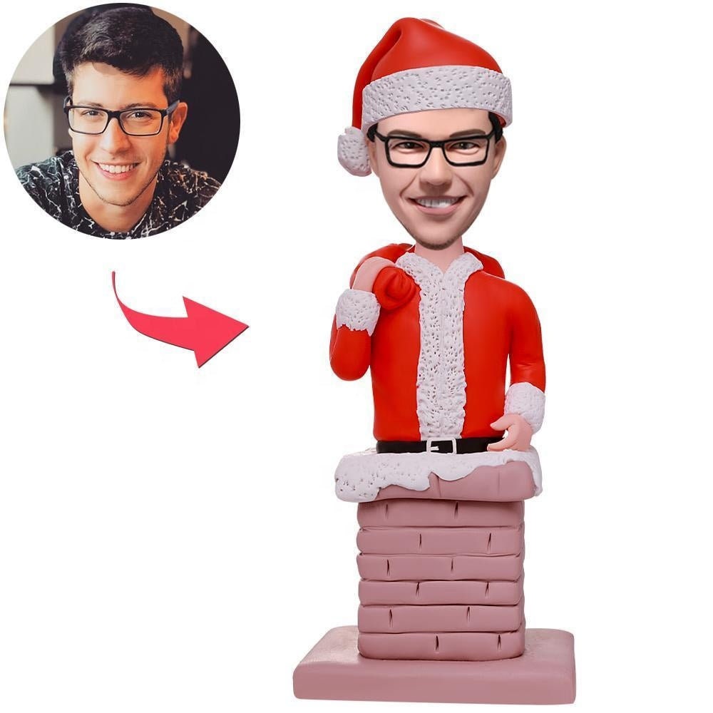 Personalized Photo Santa In The Chimney Bobbleheads Christmas Gift Customized Picture Clay Sculpture Bobbleheads With Engraved Text