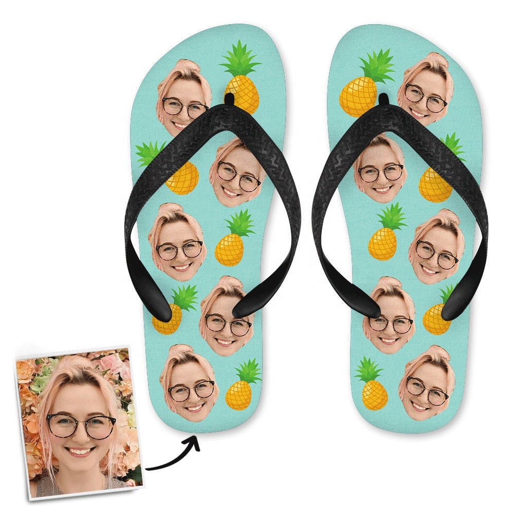 Personalized Face Photo Pineapple Men's Slippers Custom Photo Beach Flip Flop Pineapple Sublimation Custom Picture Flip Flops Slippers