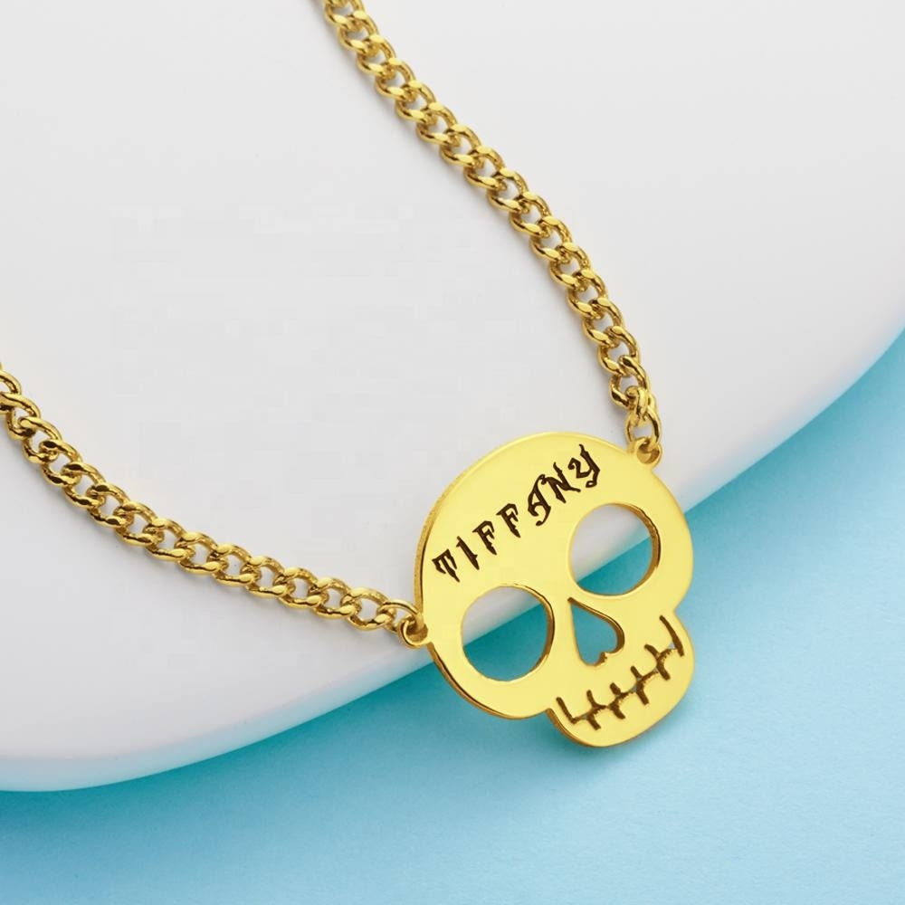 Personalized Text Engraved Skull Necklace Halloween Custom Text Pendant Gift For Women Customized Skull Text Engraving Halloween Necklace