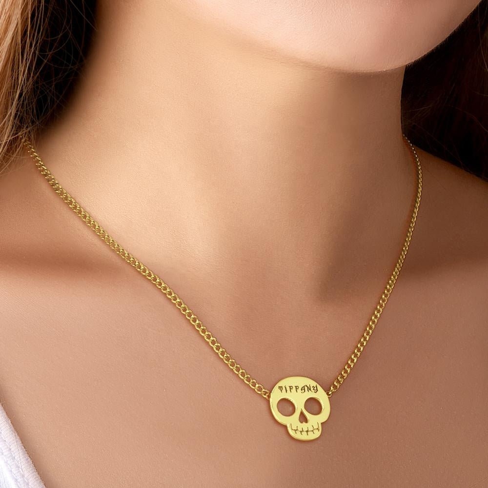 Personalized Text Engraved Skull Necklace Halloween Custom Text Pendant Gift For Women Customized Skull Text Engraving Halloween Necklace