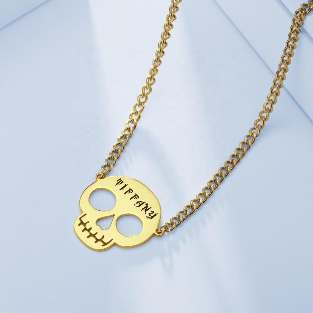 Personalized Text Engraved Skull Necklace Halloween Custom Text Pendant Gift For Women Customized Skull Text Engraving Halloween Necklace