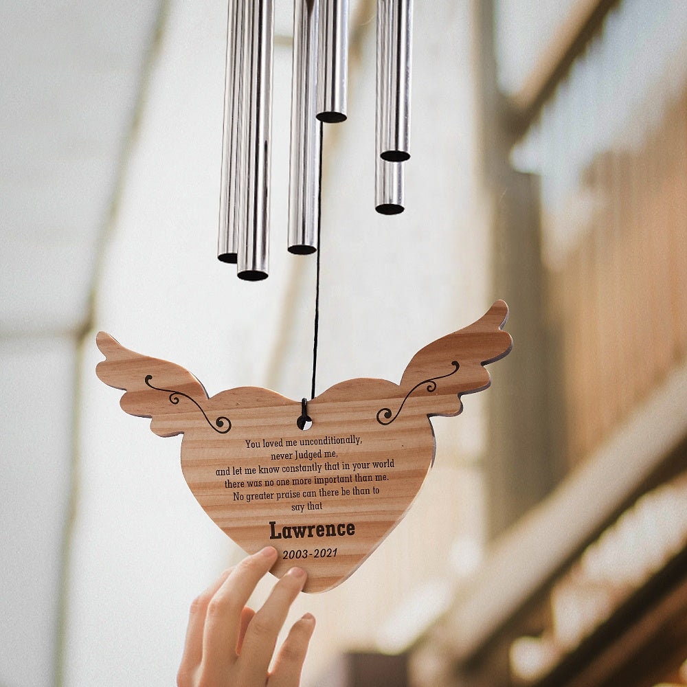 Personalized Text Engraved Heart Wind Chimes Outdoor Decor Wooden Message Engraved Wind Chimes Garden Ornaments Custom Engraving Wind Chimes