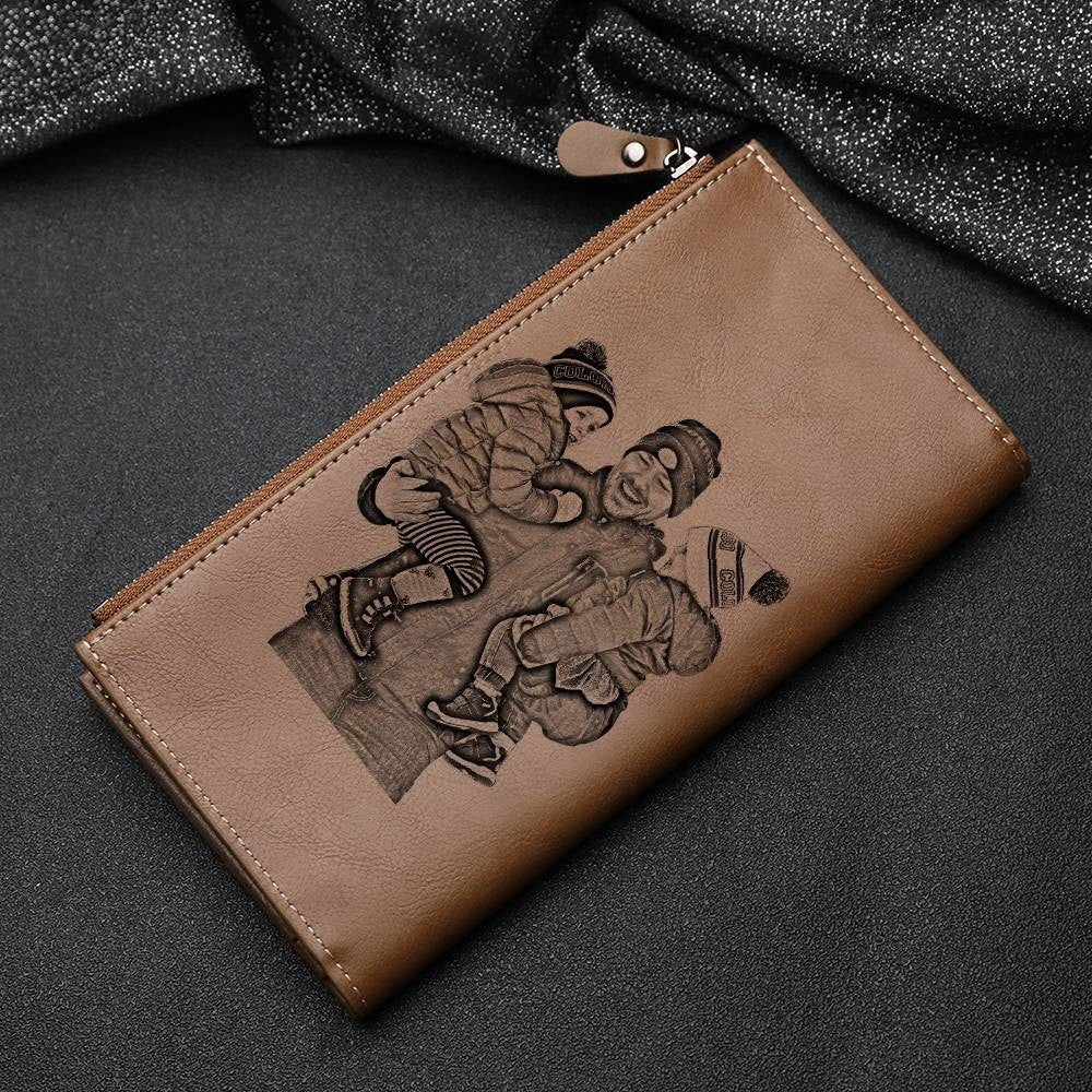 Personalized Picture Printed Wallet Gift For Men Custom Photo Text Engraved Leather Men Wallet Customized Photo Zipper Leather Wallet