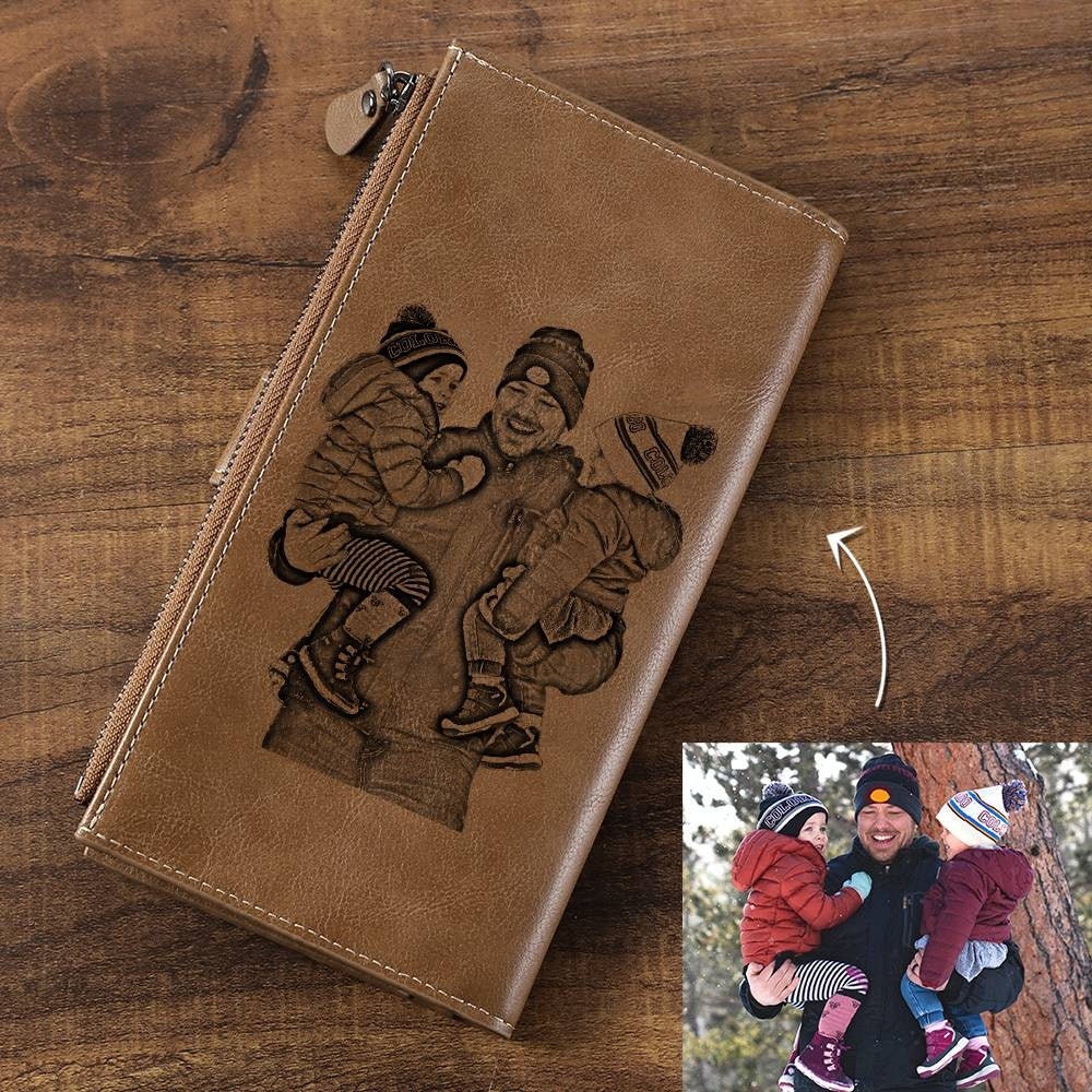 Personalized Picture Printed Wallet Gift For Men Custom Photo Text Engraved Leather Men Wallet Customized Photo Zipper Leather Wallet