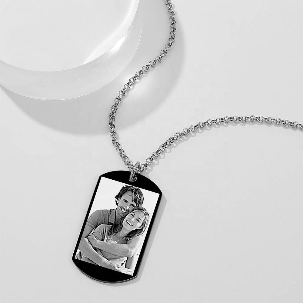 Custom Picture Engraved Words Necklace Personalized Photo Text Engraved Necklace Black Stainless Steel Link Chain Necklace Gift