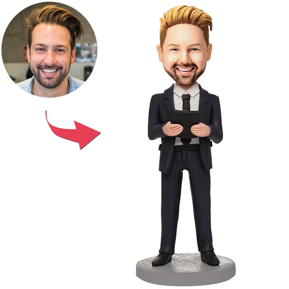Personalized Photo Bobblehead Gift For Men Polymer Clay Doll Figurine Custom Business Man Holding A Notebook Bobblehead With Engraved Text
