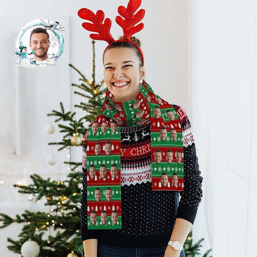 Personalized Face Photo Printed Scarf For Christmas Gift Custom Logo Face Christmas Striped Scarf For Women
