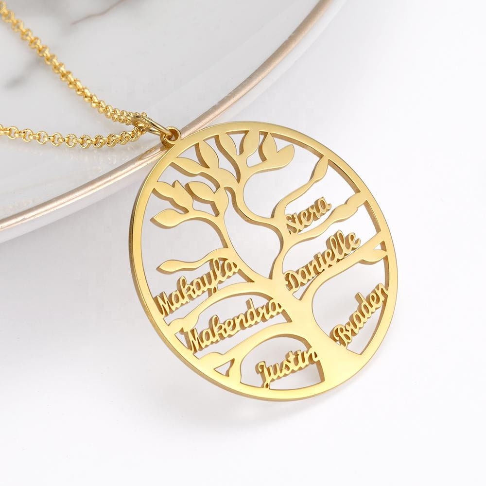 Personalized Name Plates Family Tree Pendant Custom Name Necklace Customized Name Engraved Round Necklace Gift For Women