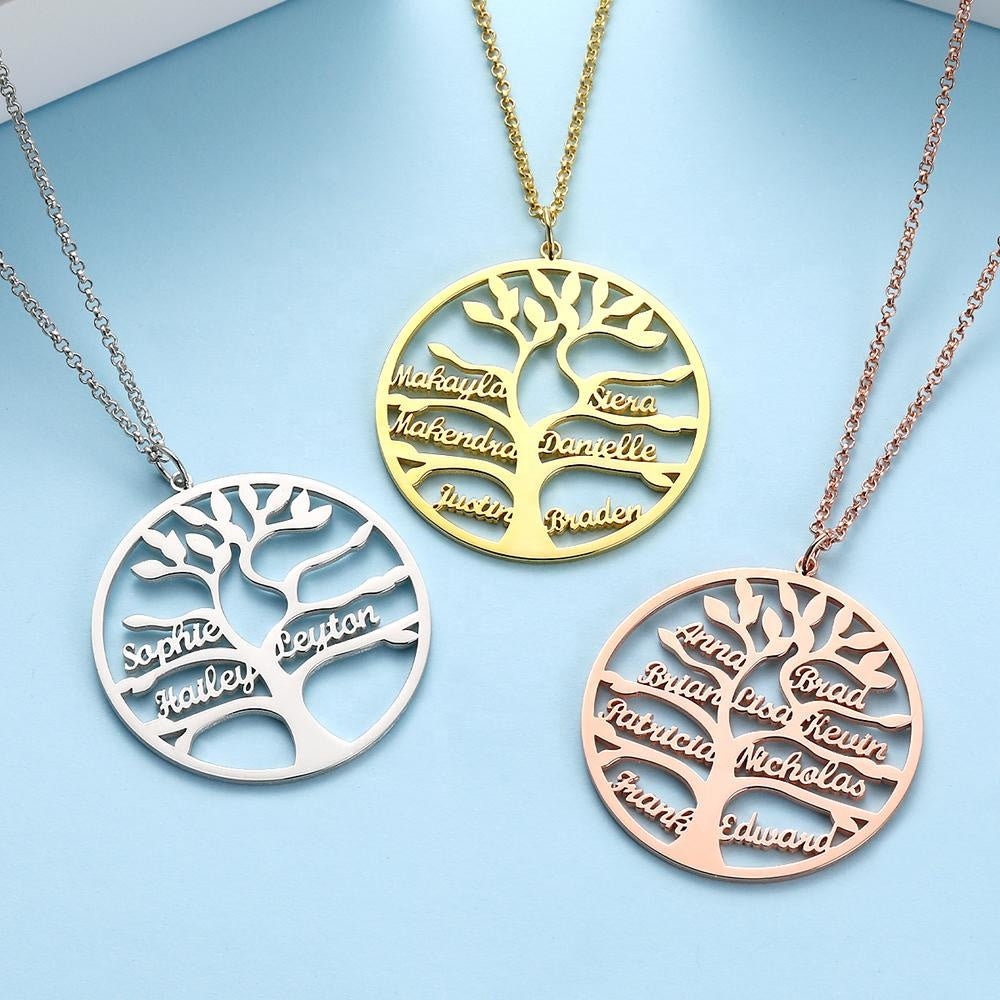 Personalized Name Plates Family Tree Pendant Custom Name Necklace Customized Name Engraved Round Necklace Gift For Women