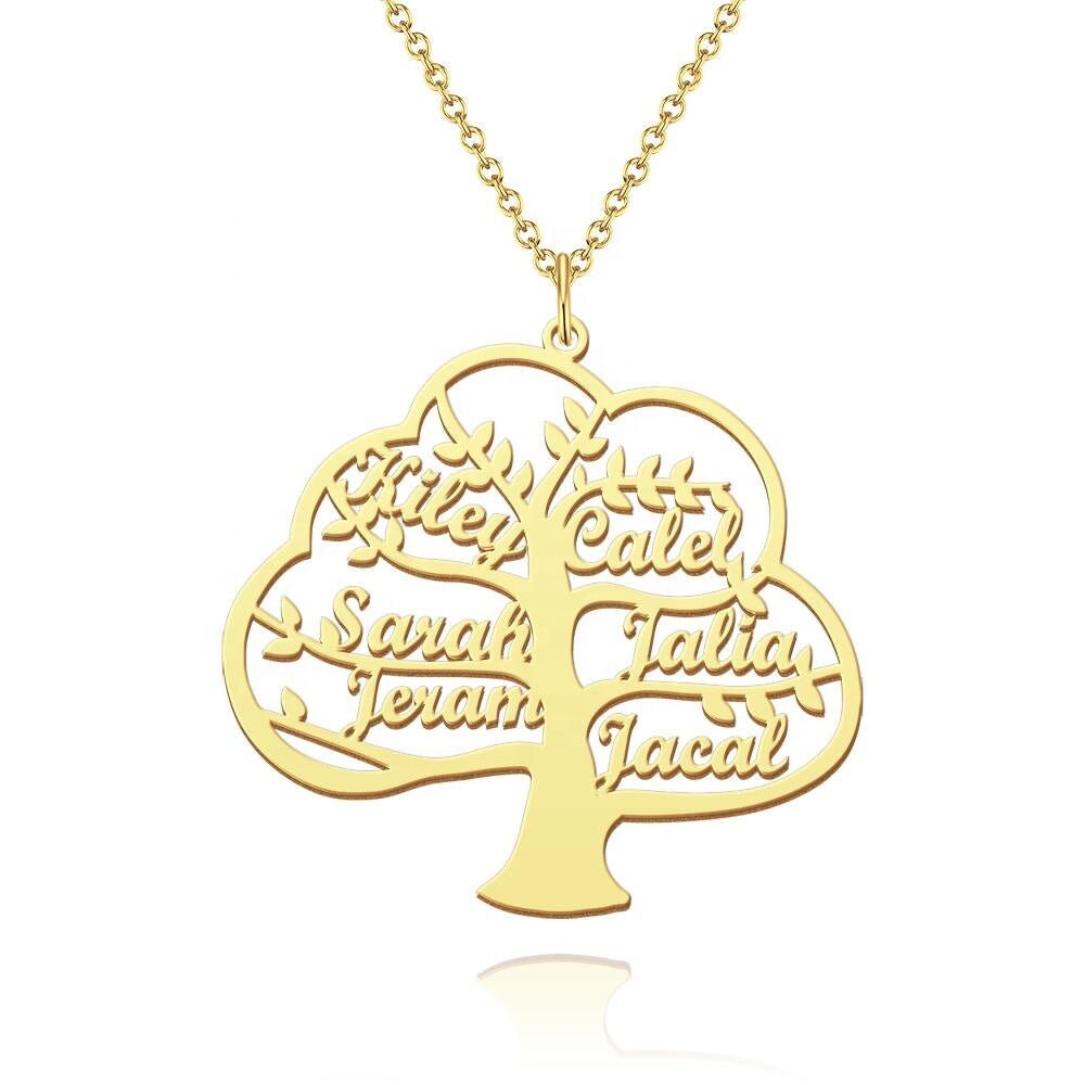 Personalized Name Plated Necklace Gift For Women Custom Names Tree Necklace Tree Names Plated Link Chain Necklace