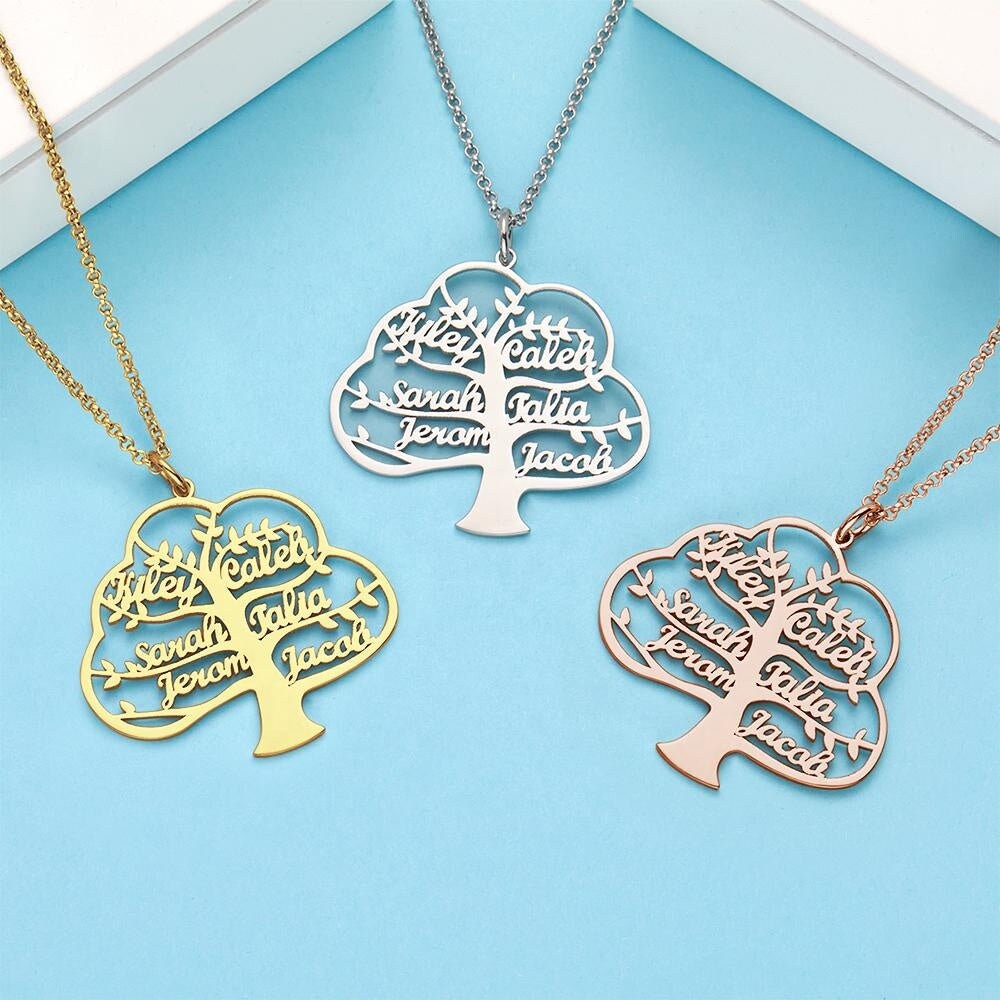 Personalized Name Plated Necklace Gift For Women Custom Names Tree Necklace Tree Names Plated Link Chain Necklace