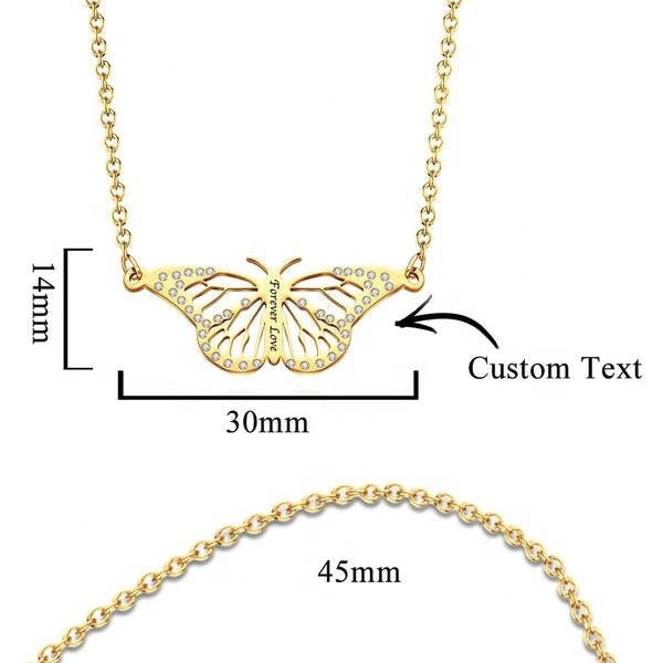 Personalized Text Engraved Rhinestones Butterfly Necklace Custom Engraved Name Butterfly Link Chain Necklace Gift For Women