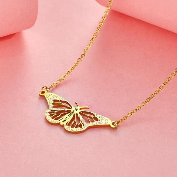 Personalized Text Engraved Rhinestones Butterfly Necklace Custom Engraved Name Butterfly Link Chain Necklace Gift For Women