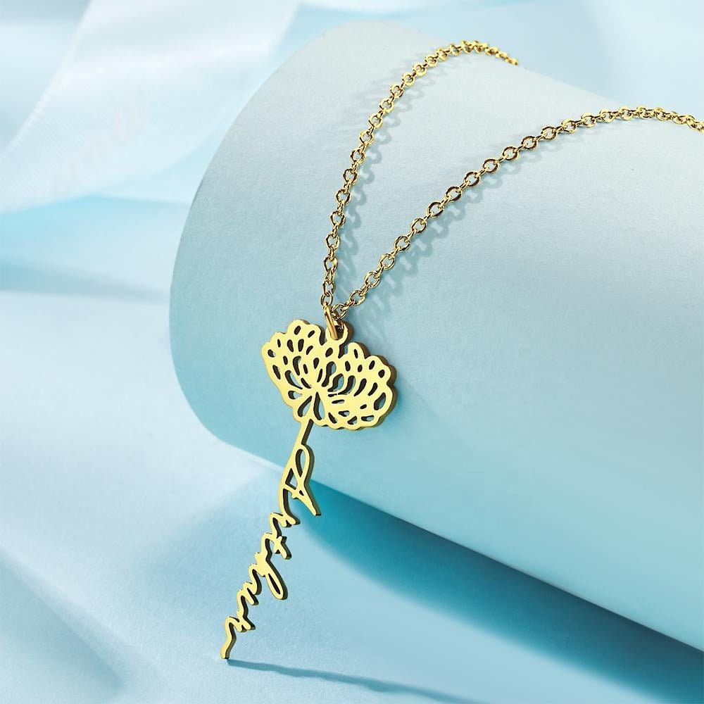 Customizable Name Floral Pendant Necklace Custom Name Necklace With Birth Flower Personalized Name Necklace Gift For Women