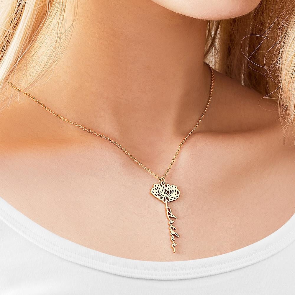 Customizable Name Floral Pendant Necklace Custom Name Necklace With Birth Flower Personalized Name Necklace Gift For Women