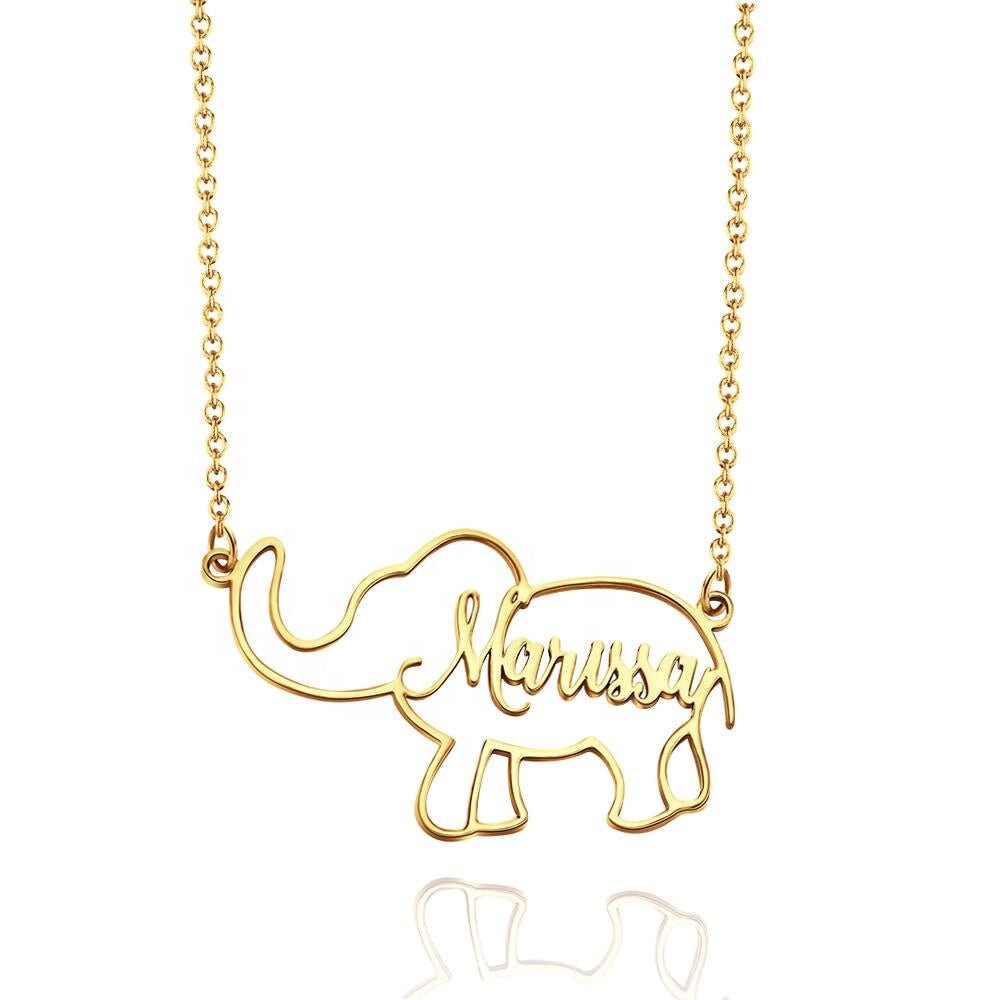 Personalized Name Elephant Necklace Custom Name Letters Plated Necklace Customized Name Hollow Elephant Link Chain Necklaces For Women