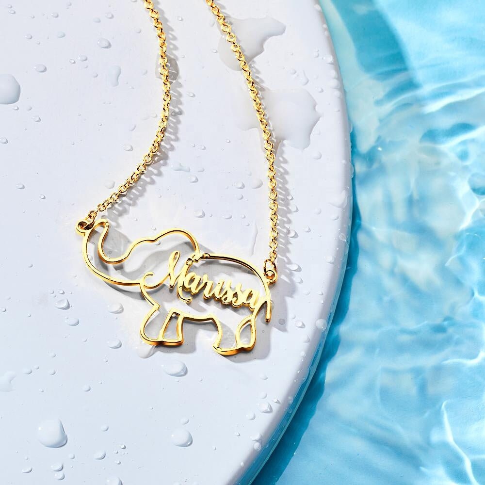Personalized Name Elephant Necklace Custom Name Letters Plated Necklace Customized Name Hollow Elephant Link Chain Necklaces For Women