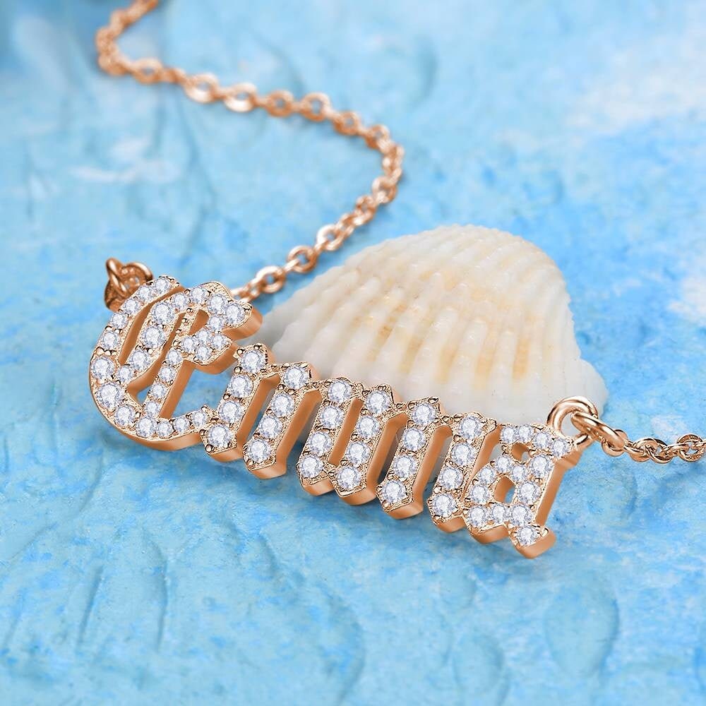 Personalized Name Plate Iced Out Necklace Gift For Women Custom Old English Font Name Link Chain Necklace