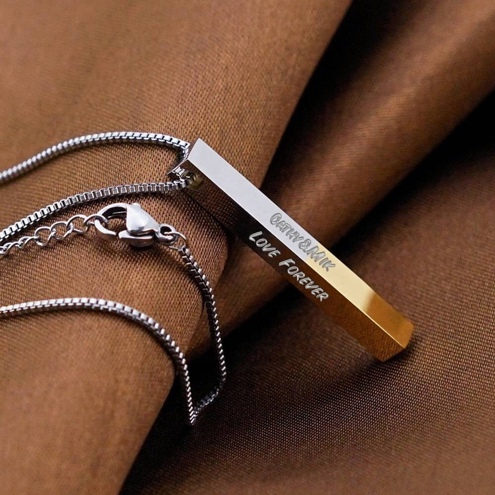 Personalized Text Engraved Bar Necklace Custom Name Engrave Vertical 3D Bar Necklace Gift For Women Men